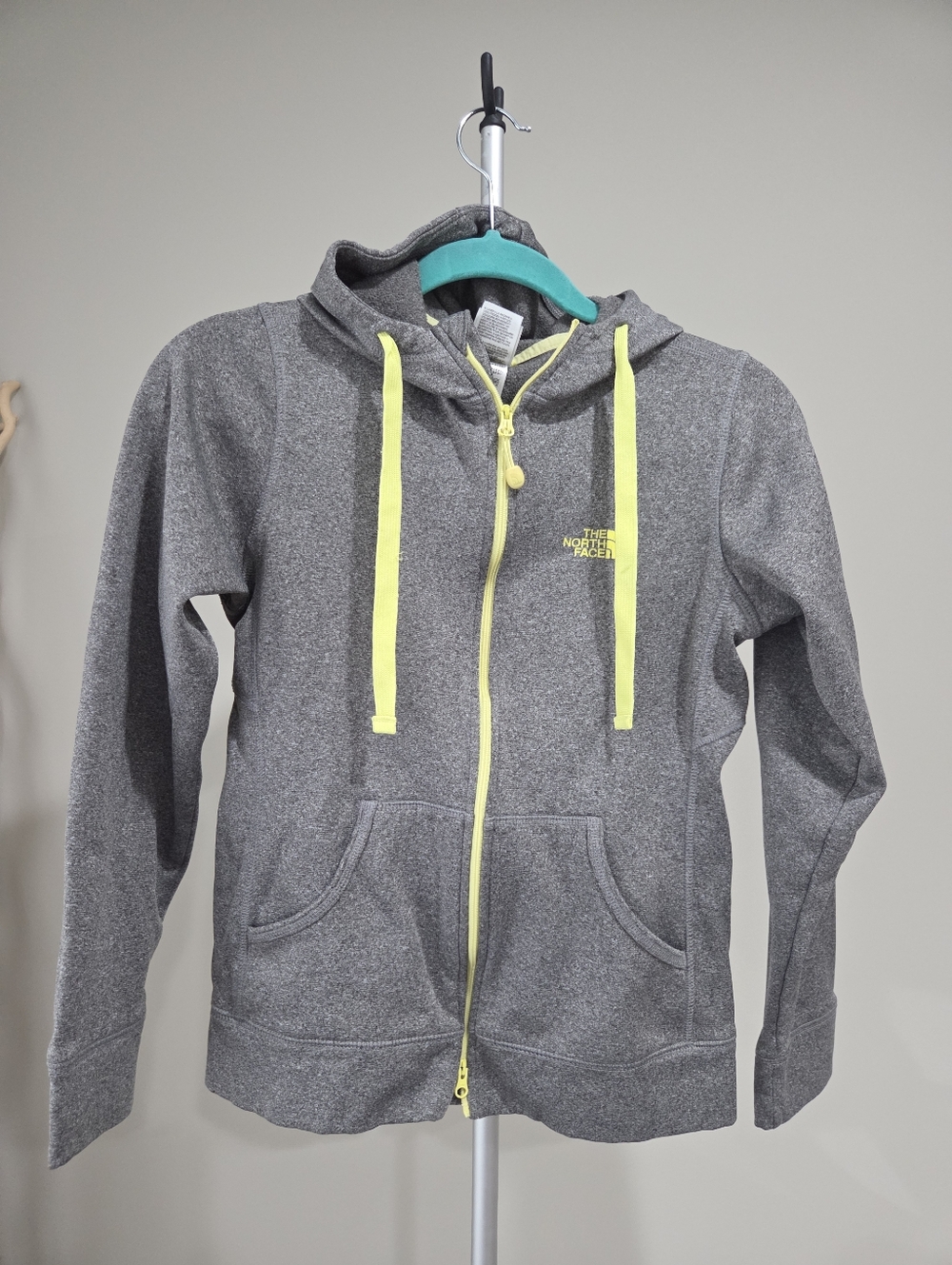 The North Face Women's Grey Zip Hoodie with Neon Yellow Accents Sz.XS